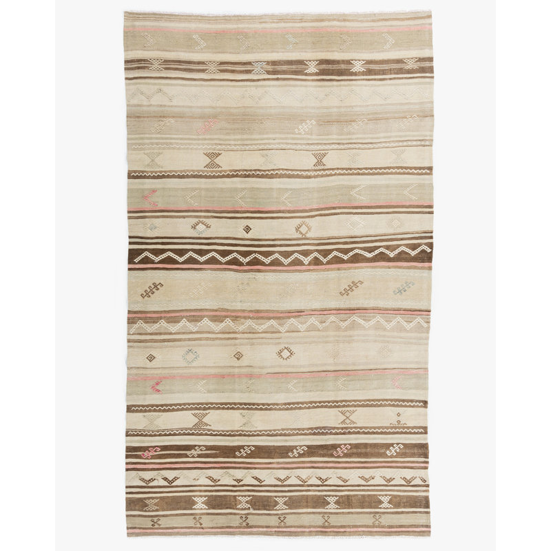 One-of-a-Kind Runner 5'5" X 9'4" 1940s Hemp Area Rug in Camel/Ivory/Terracotta