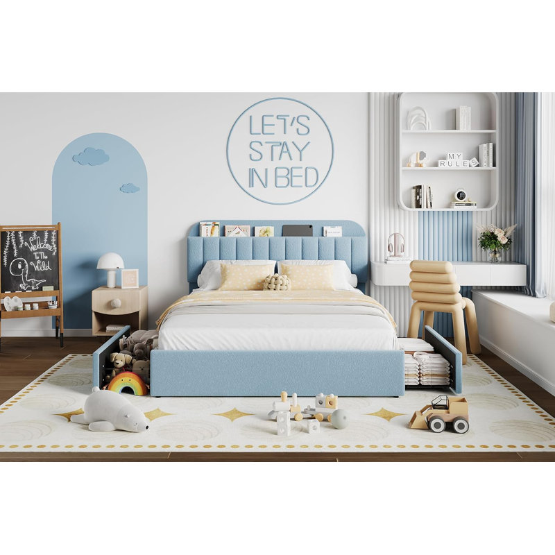 Full Upholstered Kids Platform Bed with Bookcase Headboard & 2 Drawers, Blue, Full