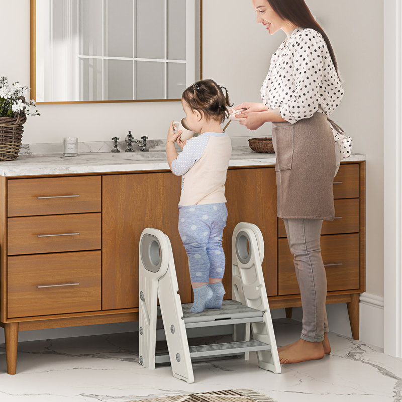 AIYAPLAY Kids Step Stool Foldable Toddler Kitchen Stool with Handle Grey