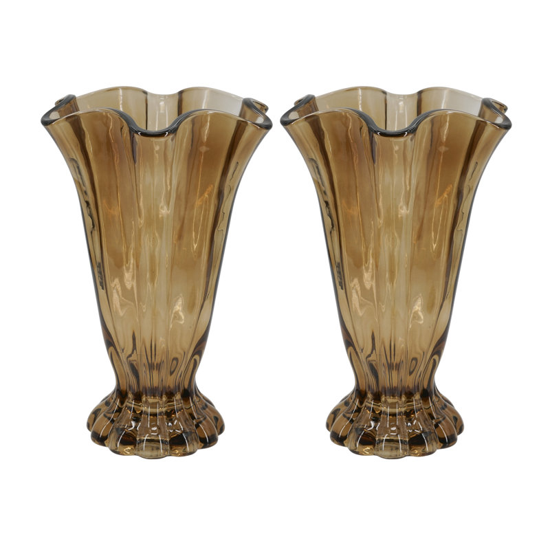 S/2, 6x9"H Vintage Brown Ruffle Glass Vase, 9.1" H x 6.1" W x 6.1" D, Set of 2