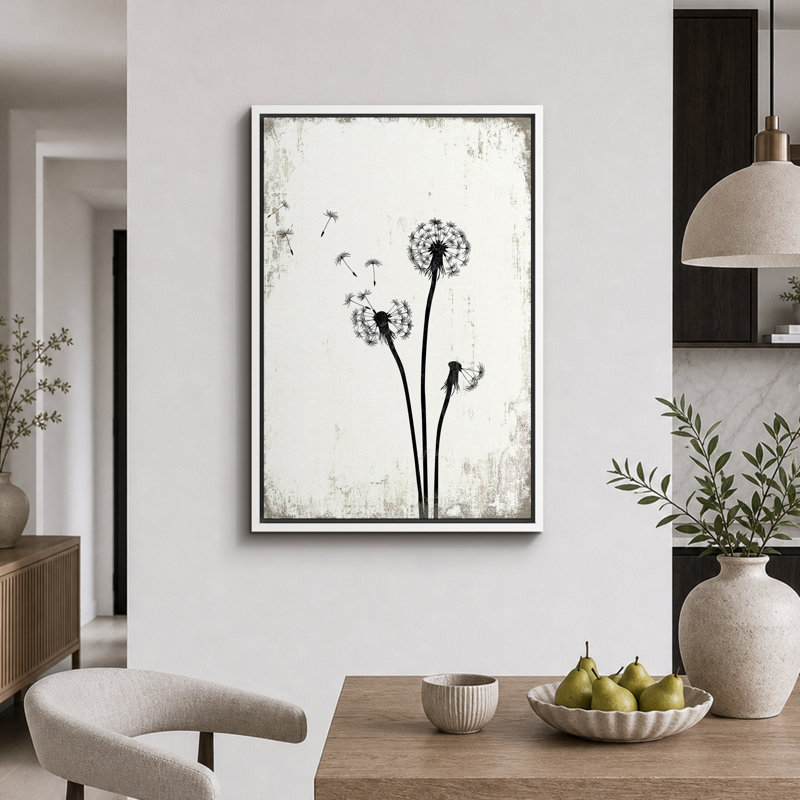 Pissenlit «Simple Whimsy Flying Dandelion, H 24 po x l 16 po, Toile encadrée, Blanc