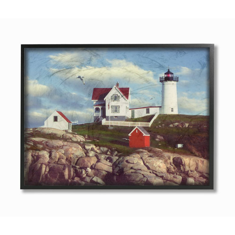 «Nubble Break Water Rocks White Lighthouse with Seagull», reproduction de photo, H 11 po x l 14 po