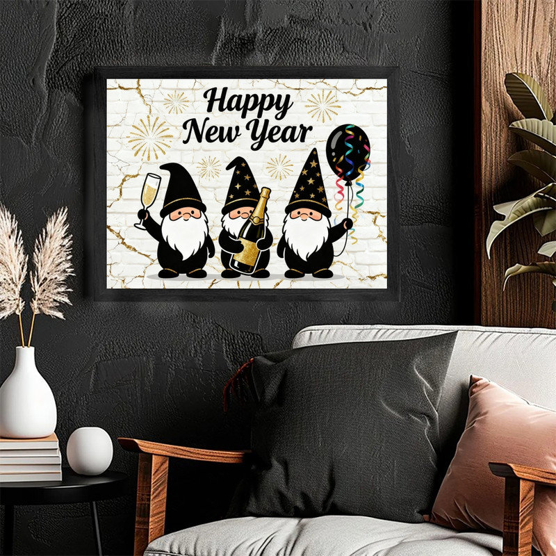 Cadre noir, nouvel an, elf or, feu d'artifice mural, décoration festive, cadre, H 9 po x l 11 po