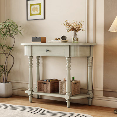 Narrow Console Table with Curved Corner, Retro Entryway Table with Top Drawer and Open Shelf, Sofa Table for Entryway, Hallway and Living Room
