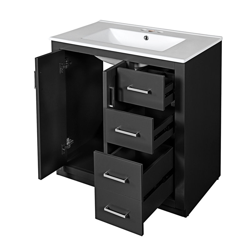 Ensemble de meuble-lavabo autoportant avec lavabo en céramique, Noir, Argent argent