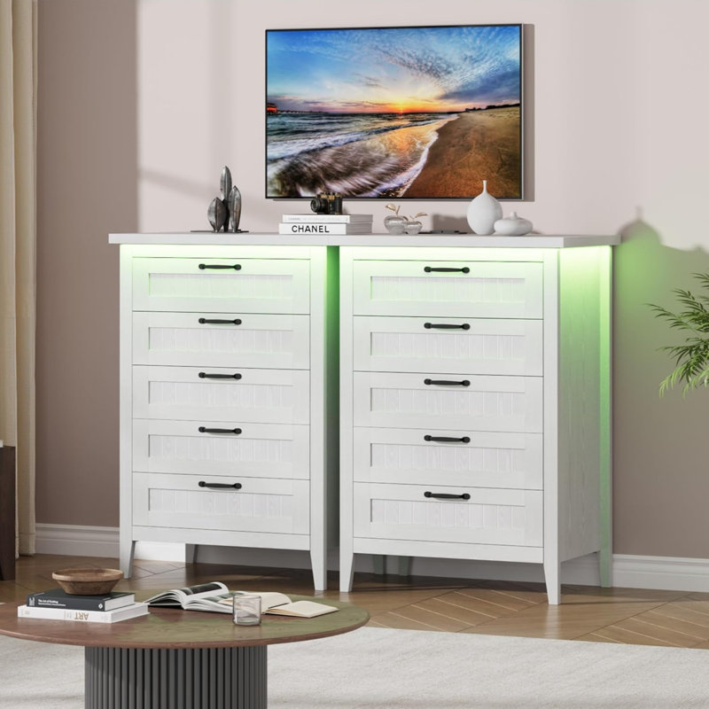 Commode à 5 tiroirs 44,9 po, station de charge et commode à DEL pour le couloir, Blanc