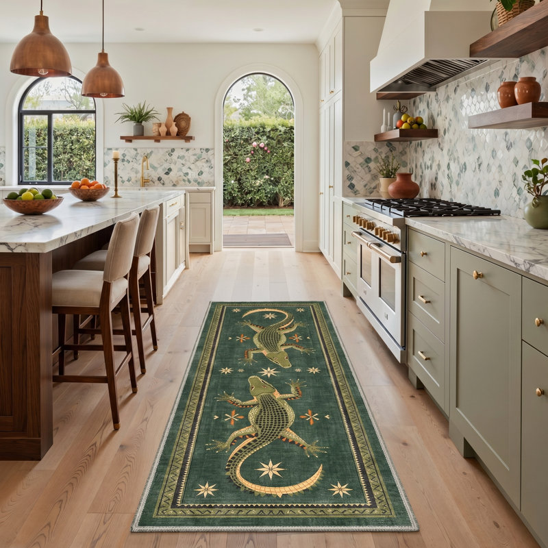Reptilia Animal Print Machine Washable Green Indoor Area Rug with Non-Slip Backing, Runner 2' x 6'