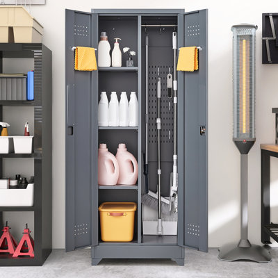 Broom Storage Cabinet With Locking Doors And Shelves, 65" H Metal Storage Cabinet With Hanging Rod & S-Hooks, Cleaning Tool Storage Cabinet