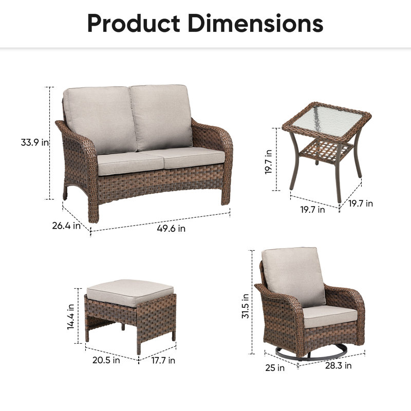 Ensemble de conversation avec causeuse Arick 7 pièces avec chaises pivotantes, table d'appoint et repose-pieds Arley, Beige