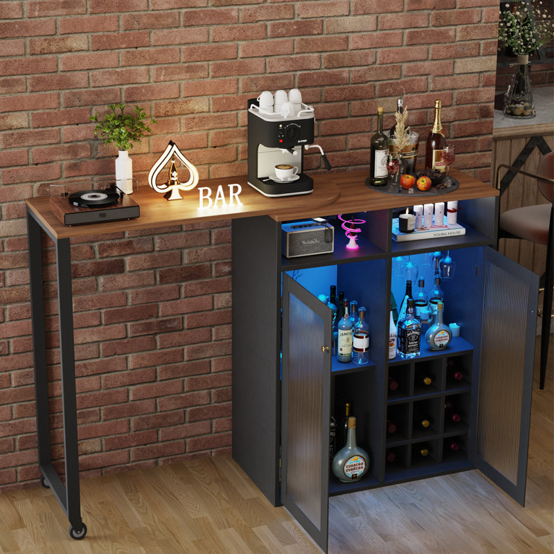 360° Rotating Bar Cabinet With LED Lighting, Black
