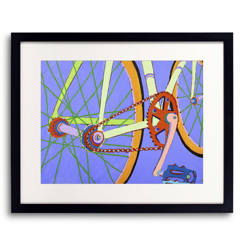 «Green Spokes» par Sue Graef - peinture encadrée, Papier avec cadre noir, H 17,25 po x l 21,25 po