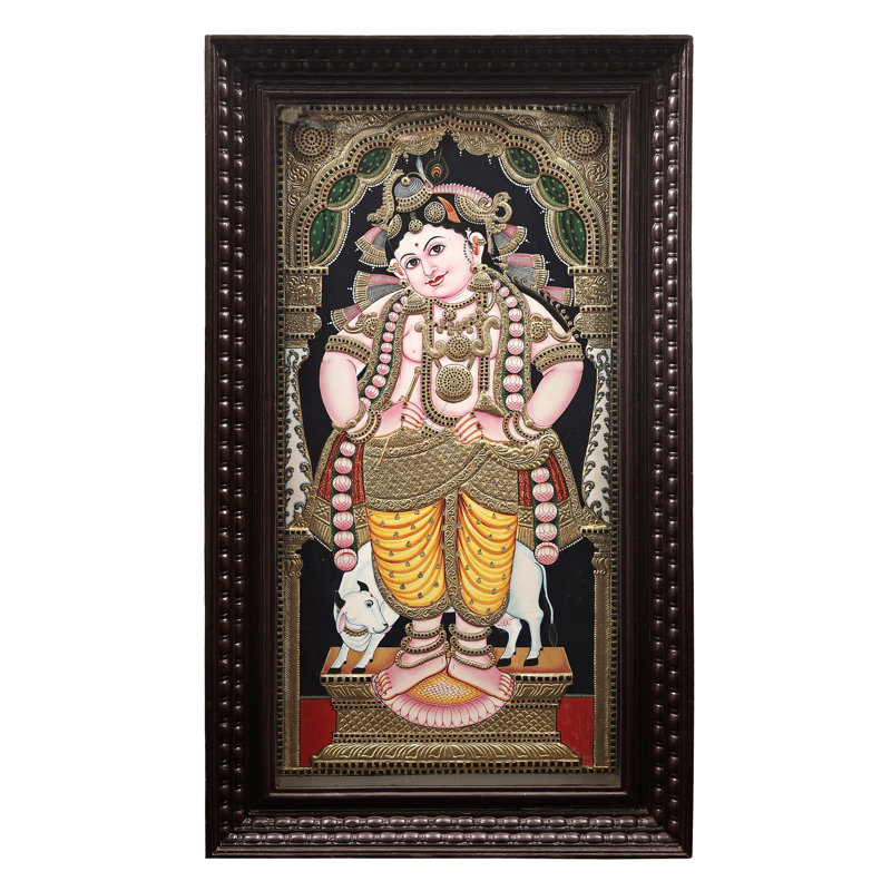 Peinture debout Navaneeta Krishna Tanjore | Couleurs traditionnelles avec or 24 carats | Structure en bois de teck