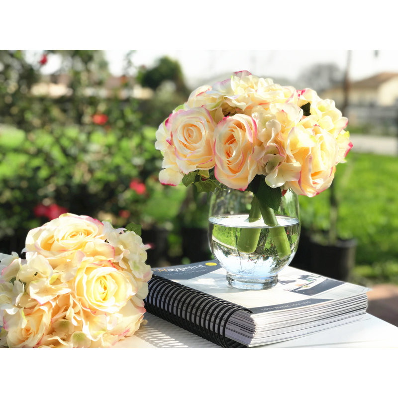 Agencement floral artificiel roses et hortensias, Jaune