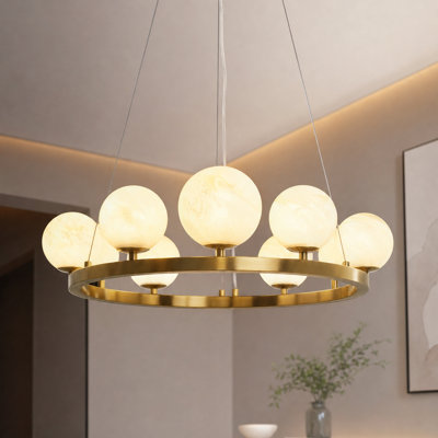 9-Light Brass Modern Globe Chandelier Wagon Wheel Ring Pendant Light with Faux Alabaster Glass Shade