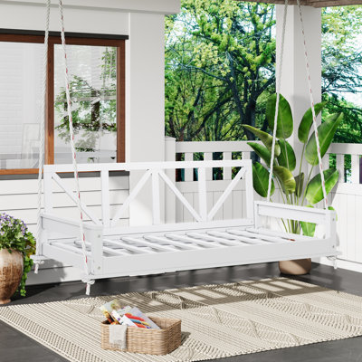 Balancelle de patio simple en bois d'acacia, structure de lit de véranda suspendue moderne avec cordes de chanvre de 16,4 pi