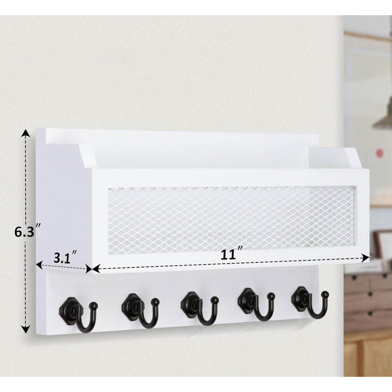 Wood Wall Organizer with Key Hooks, White