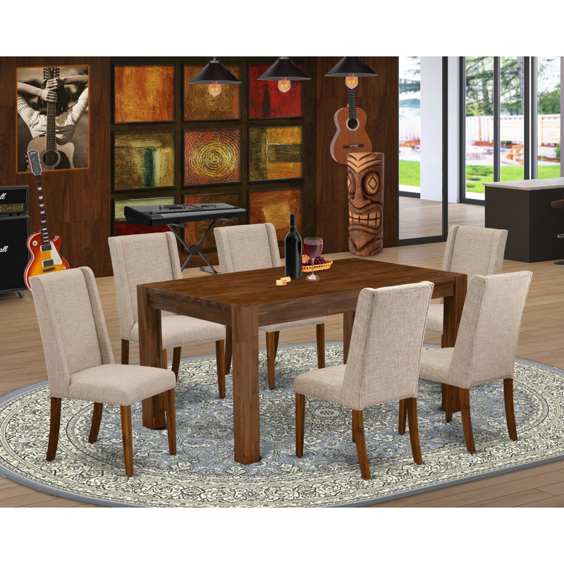 Ensemble de table de salle à manger 7 pièces composé d'une table de cuisine rectangulaire en bois rustique et de 6 chaises de salle à manger Parson en tissu brun clair clair, naturel