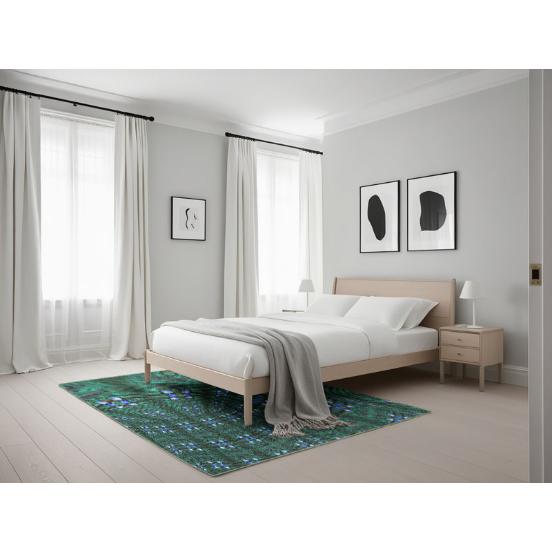 Tapis vert/jaune à motifs, Rectangle 5 pi x 7 pi