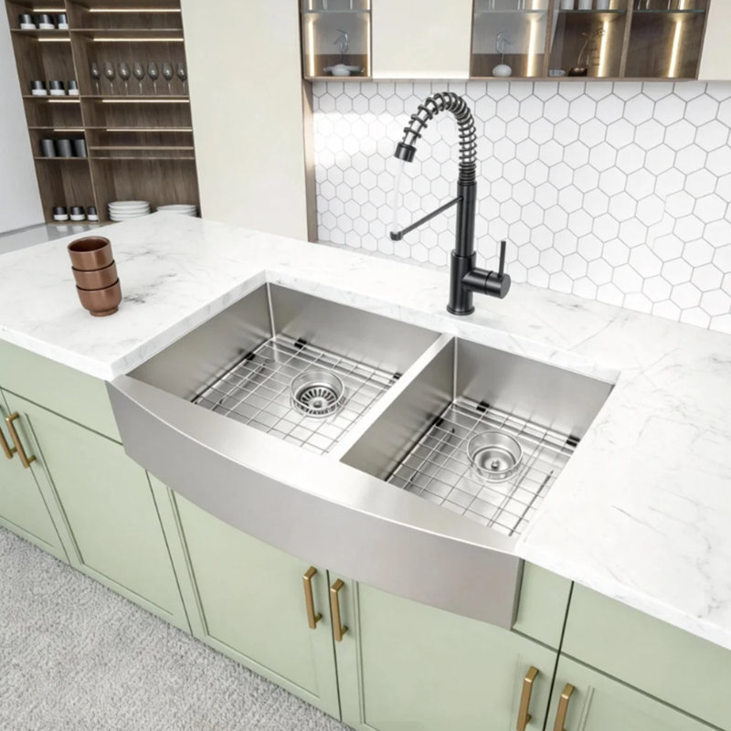 33" L x 20" W Farmhouse Double Bowl 60/40 Undermount Kitchen Sink 16 Gauge Stainless Steel Sink Apron Front