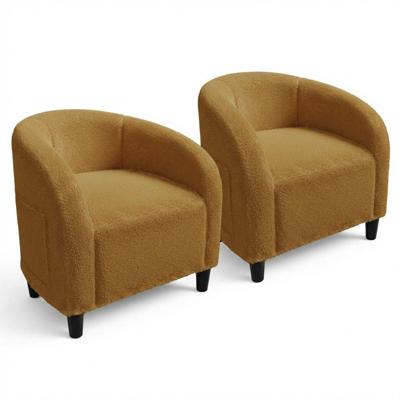 2-Pack Boucle Barrel Accent Chairs with Rounded Armrests, Upholstered Round Armchairs for Living Room, Bedroom, Office, or Reception Seating