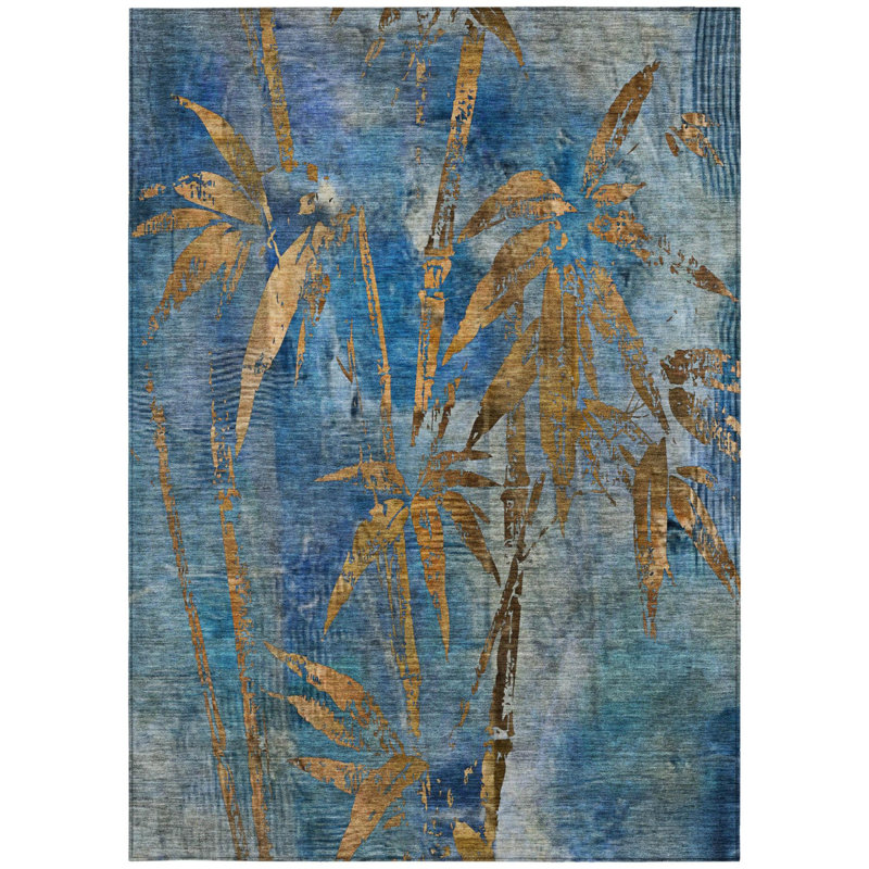 Tapis lavable intérieur/extérieur à motifs botaniques bleus et bruns (3 m x 4,2 m).