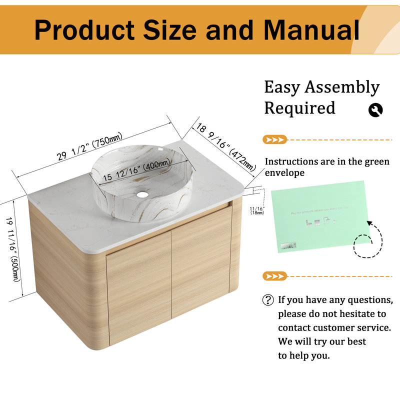 Ensemble de meuble-lavabo mural simple 30 po avec lavabo en céramique Greythor, ensemble de meuble-lavabo simple 30 po avec plateau en pierre reconstituée