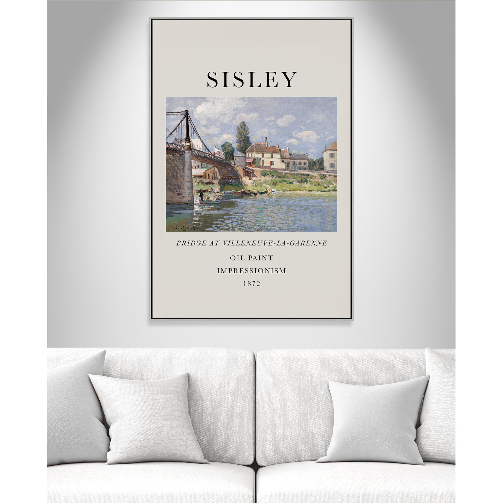 Old Masters Collection " The Bridge At Villeneuve " by Alfred Sisley, Silver Floater Frame, No, 61.5" H x 41.5" W x 2" D