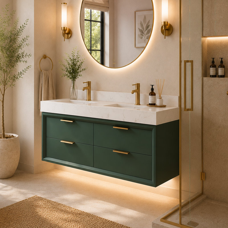 Ensemble de meuble-lavabo mural encastré 48 po à double cuve flottante, armoire en bois massif avec dessus en pierre reconstituée, veilleuse à DEL intégrée, 4 tiroirs à queue d'aronde à fermeture en douceur, pré-assemblé