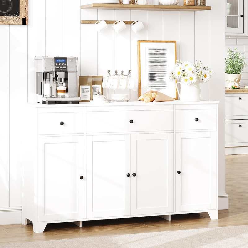 55" Sideboard Buffet Cabinet with Storage, Minimalist Kitchen Storage Cabinet with 3 Drawers & 4 Doors, Farmhouse Buffet Console Table Coffee Bar with Adjustable Shelf for Kitchen