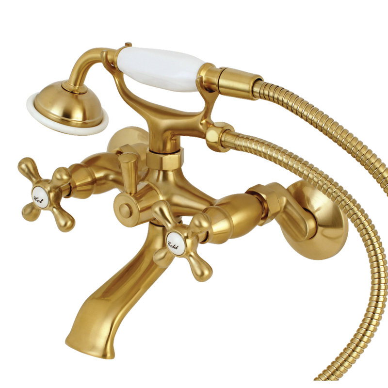 Kingston Brass Kingston Three-Handle 2-Hole Tub Wall Mount Clawfoot Tub Faucet with Hand Shower, Brushed Brass