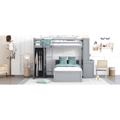 Lit mezzanine avec lit autonome, tablettes, bureau et garde-robe