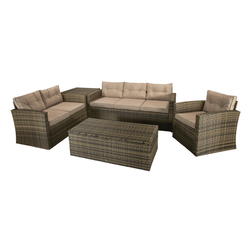 Helfrich 6 Seater Rattan Effect Sofa Set, Light Brown/White