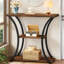 Console à 3 niveaux avec tablettes ouvertes en bois, table d'entrée en métal incurvée, table de canapé étroite derrière le canapé, table d'appoint rustique pour le couloir, le vestibule et le salon, brun et noir