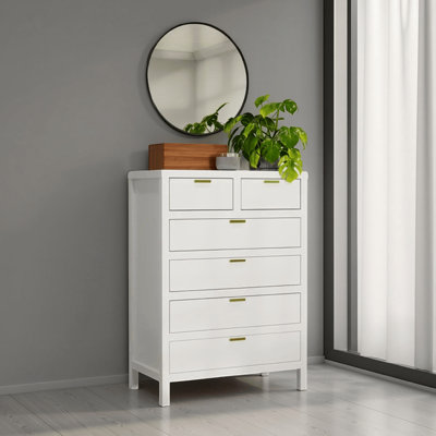 Fery Tall Dresser Chest, 6 Drawers Gold Handles, White Solid Pine Wood