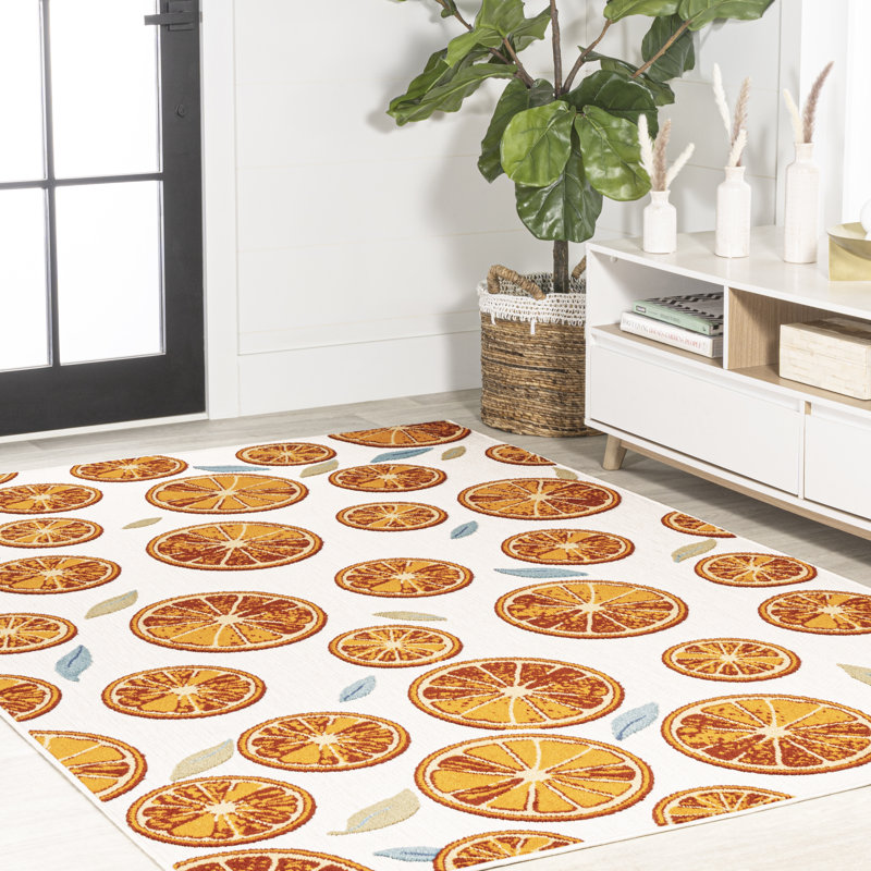 Kaue Citrus Slice High-Low Orange/Cream Indoor/Outdoor Rug, Rectangle 3' x 5'