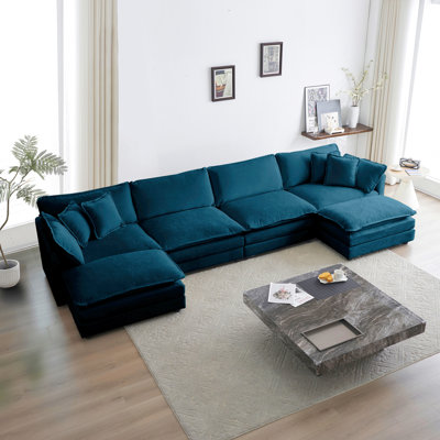 Comfortable U-Shaped With Reversible Chaise In Blue Chenille Fabric U Shape Sectional And Double Extra Pillows