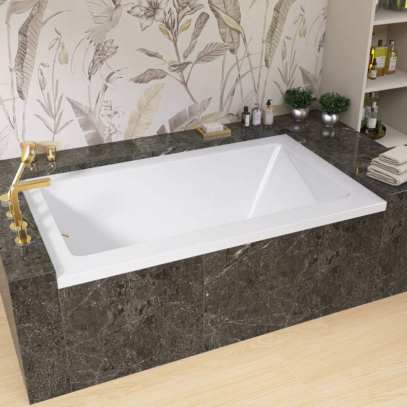 54" W X 32'' D Alcove Rectangular Bathtub Drop-in Soaking Left Drain Tub 3-Wall Acrylic White Bathroom Tub with Integrated Overflow