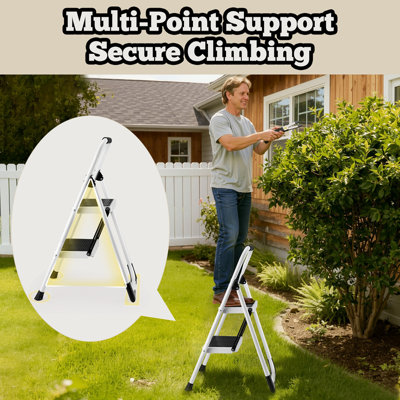 2 Step Ladder, Folding Step Stool with Anti-Slip and Wide Pedal, Lightweight Stepladder with Handrails, Portable for Kitchen, Household, 330LBS, White