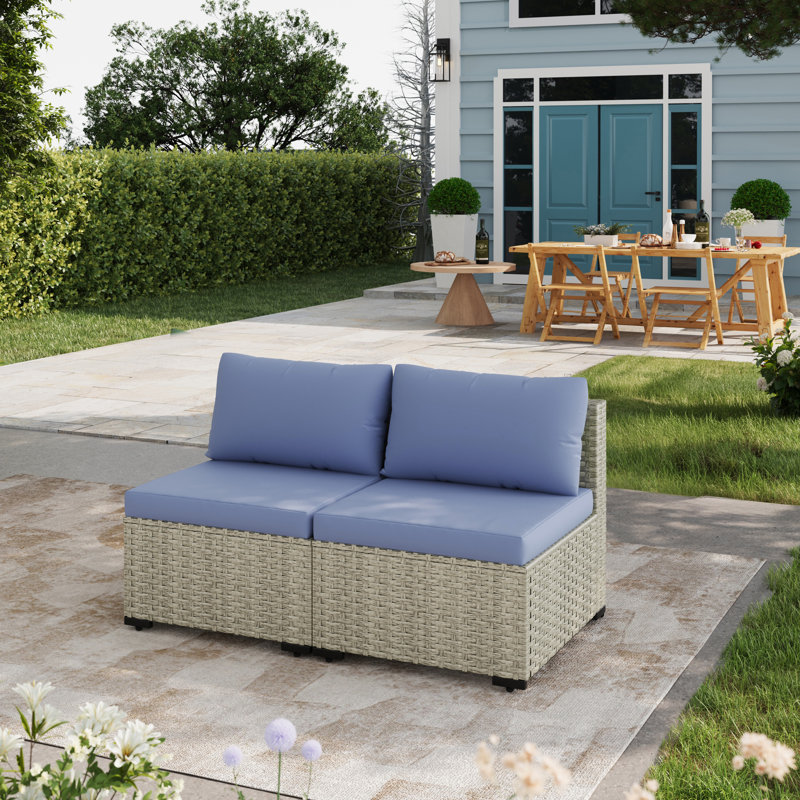 2 Pieces Design- Rattan Patio Sofa With Cushions, Haze Blue