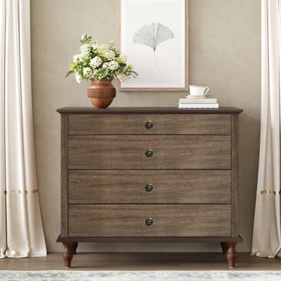 Grande commode à 4 tiroirs avec pied en bois massif, commode avec boutons de tiroir en métal, design antique pour chambre à coucher et chambre de bébé