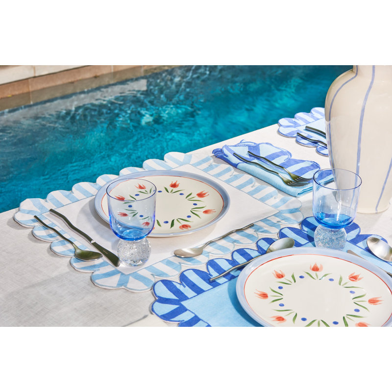 Jardin Embroidered Linen Scalloped Stripe Placemats, Blue