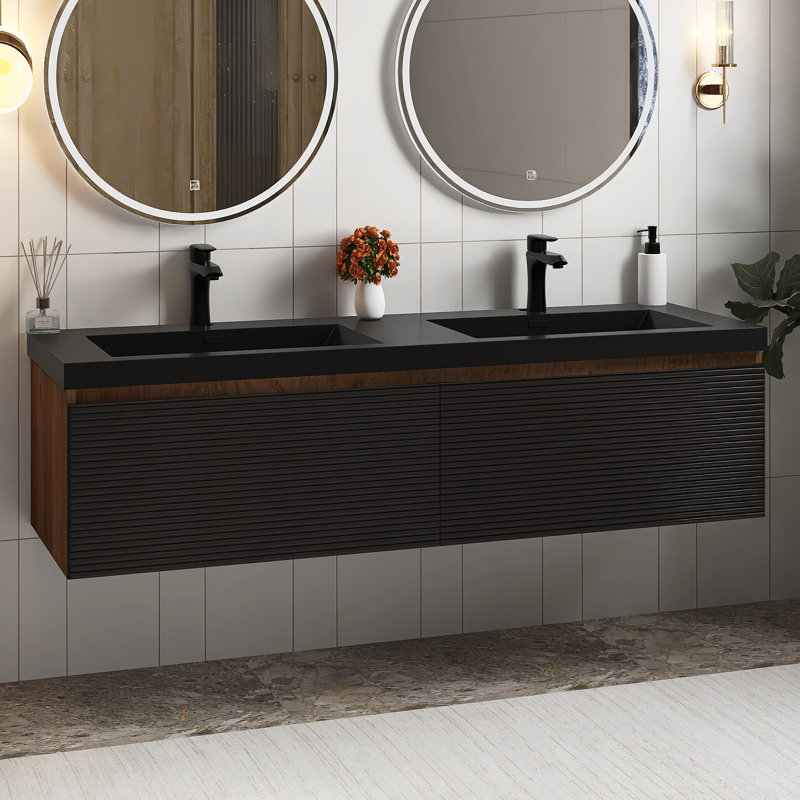 60 In. W Double Sink Wall-Mounted Bath Vanity In Mature Oak With Matte Black Resin Top