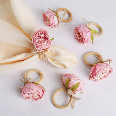 Flower Napkin Rings Set of 6,Pink Peony Flower Handmade