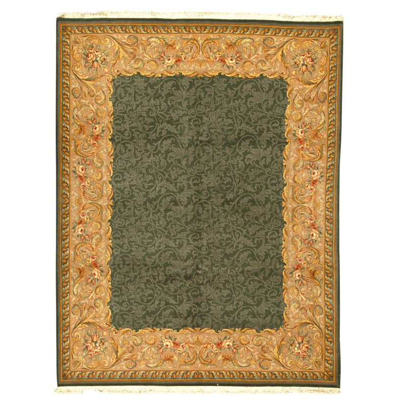Hand Knotted Wool Area Rug in Green And Cream