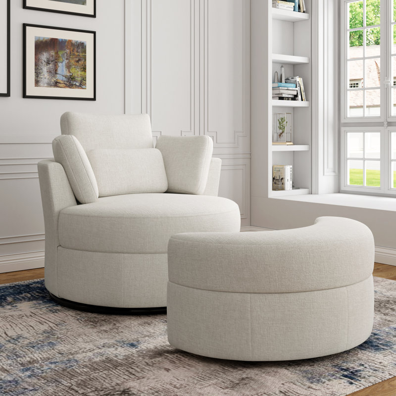 105.7Cm Wide Swivel Barrel Chair and Ottoman, Beige Polyester Blend/Polyester
