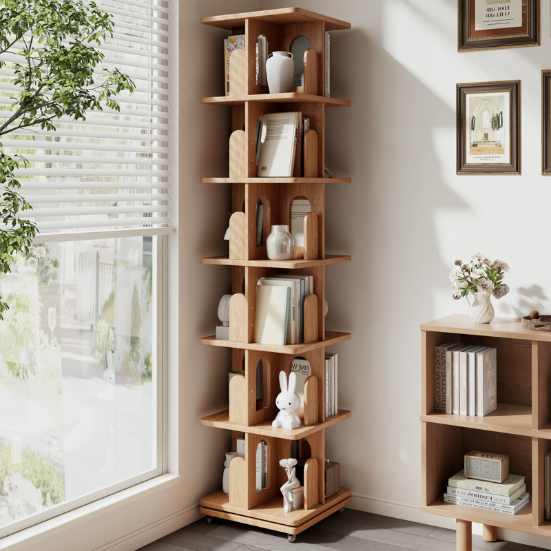 360° rotating square solid wood bookcase, with fixed pulleys, adjustable height, suitable for display and storage.