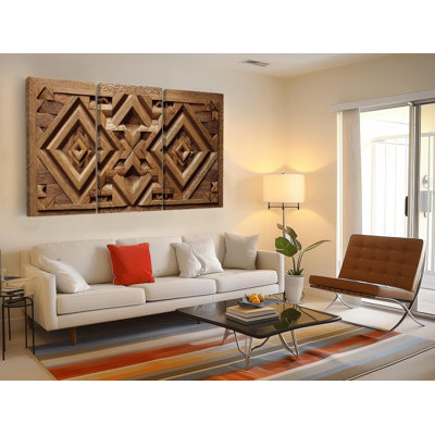 Geometric Wood Carved Look Canvas Print, 3 Piece Rustic Wall Art - Tribal Pattern Farmhouse Decor - Faux Wooden Texture Triptych Sign