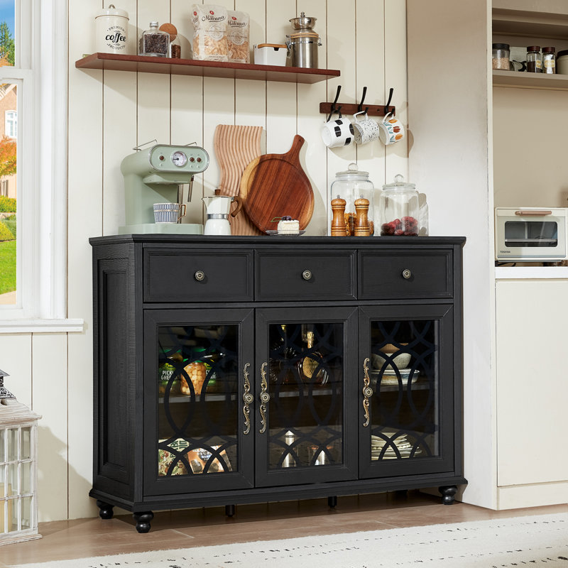 Sideboard Buffet Cabinet With Storage, Credenza With 3 Glass Doors & 3 Drawers,Adjustable Shelves Coffee Bar,Wood Kitchen Console Table For Dining Room,Living Room