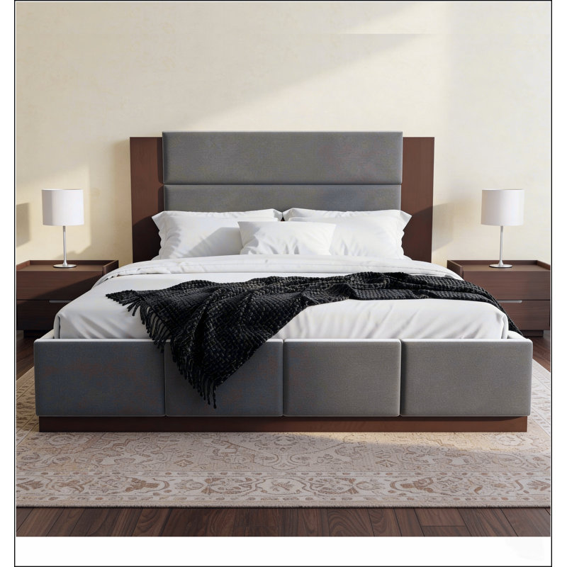 Cadre de lit plateforme rembourré avec tête de lit en bois allongée, design moderne, sans sommier, base en bois robuste, Gris
