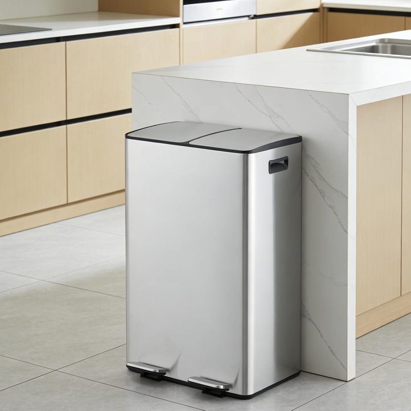 Poubelle à pédale double compartiment en acier inoxydable de 60 L pour la cuisine